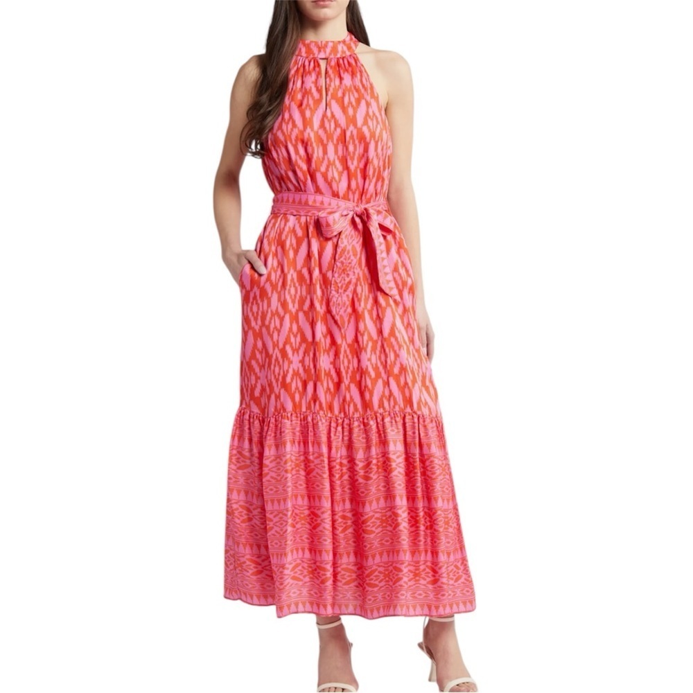 NWT Cleobella Janice Satin Halter Maxi Dress Jaipur Ikat Print Size L Boho